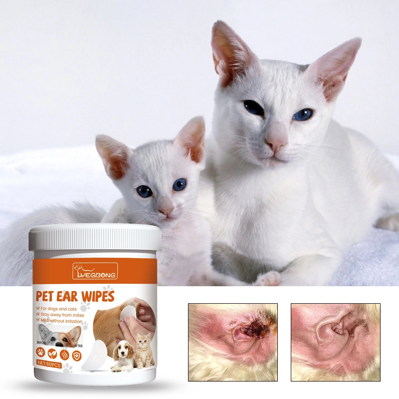 Lingettes pour Oreilles de Chien & Chat – 60 Pièces, Nettoyage Doux et Élimination des Odeurs