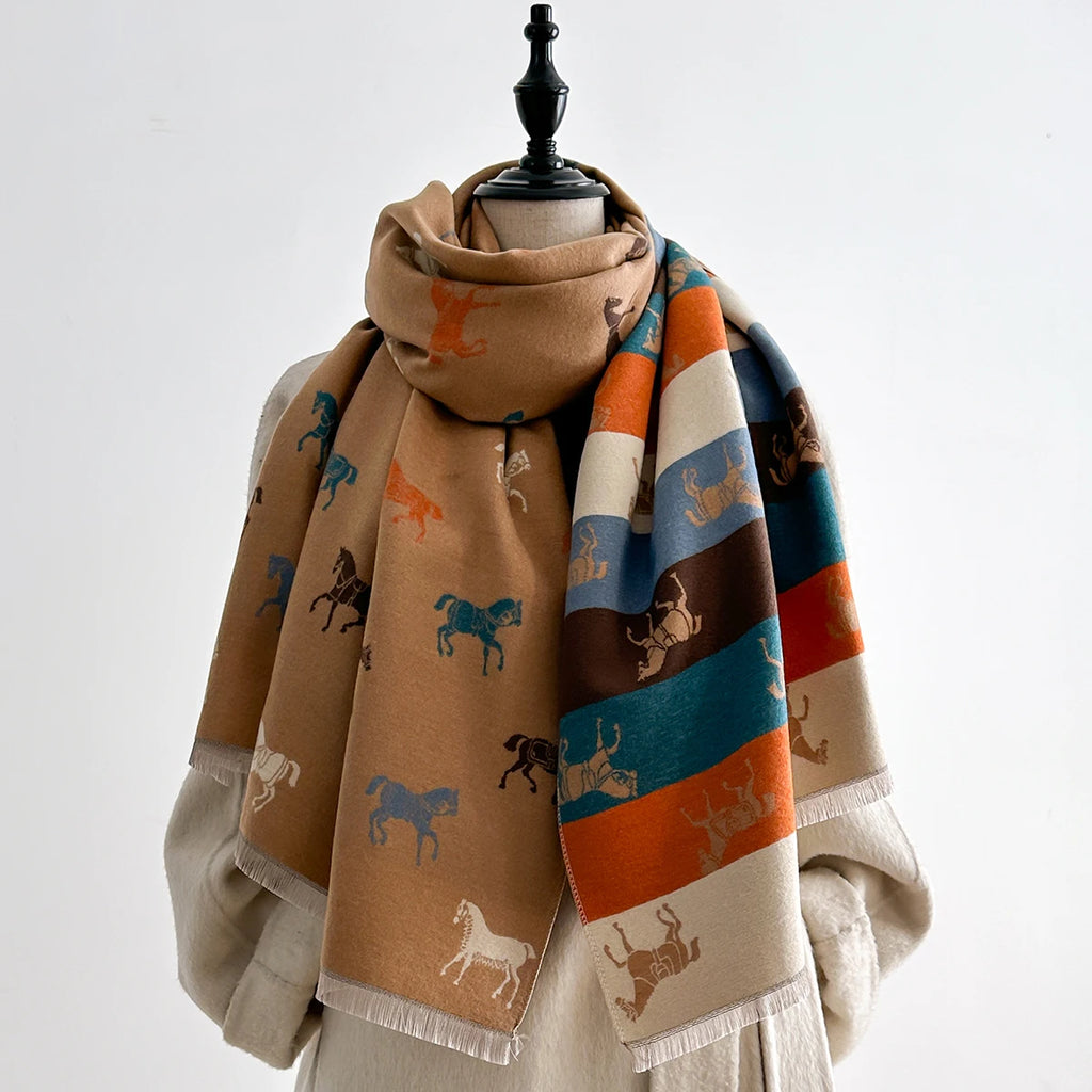 Châle Écharpe Jacquard Cheval Hiver - Motif Traditionnel Coloré