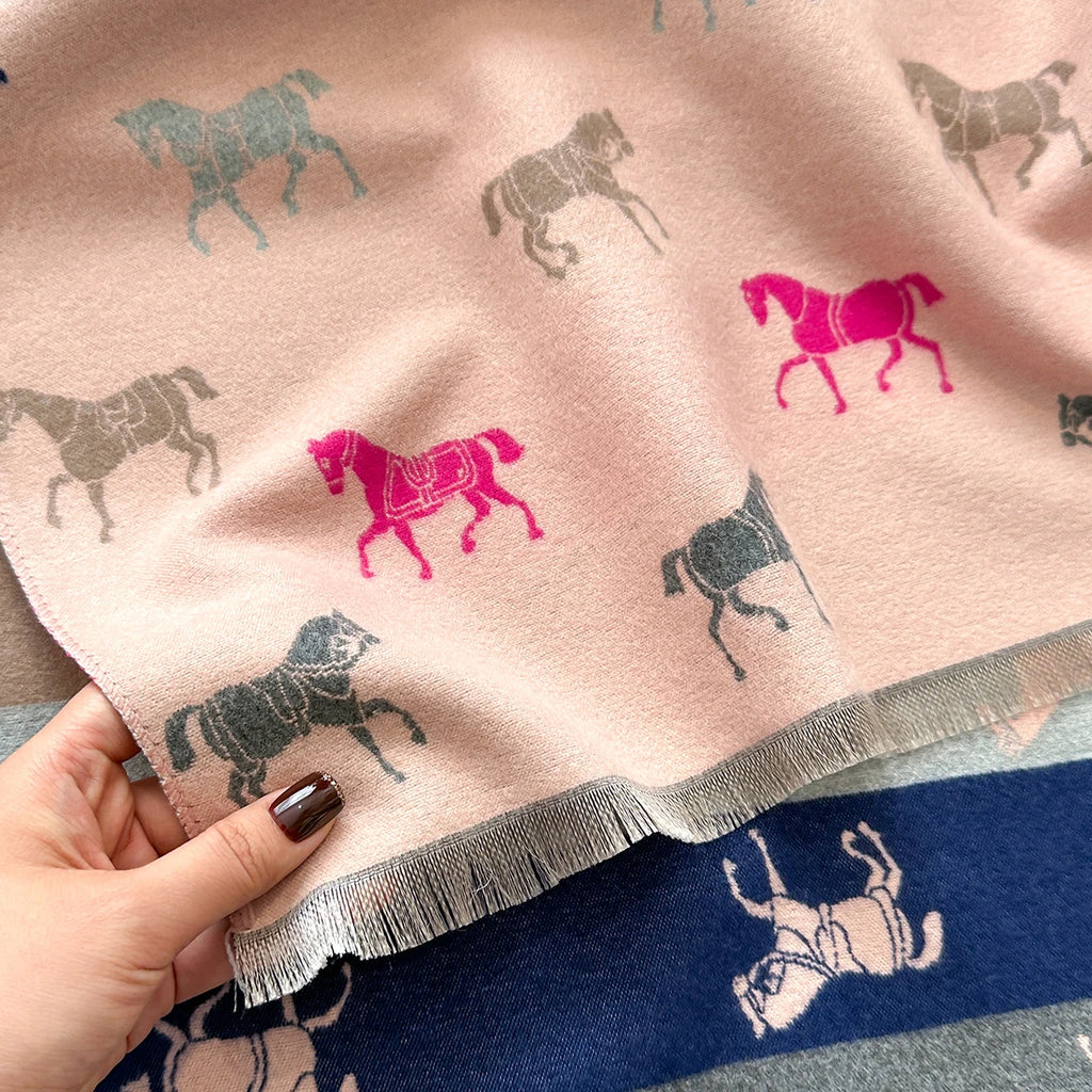 Châle Écharpe Jacquard Cheval Hiver - Motif Traditionnel Coloré