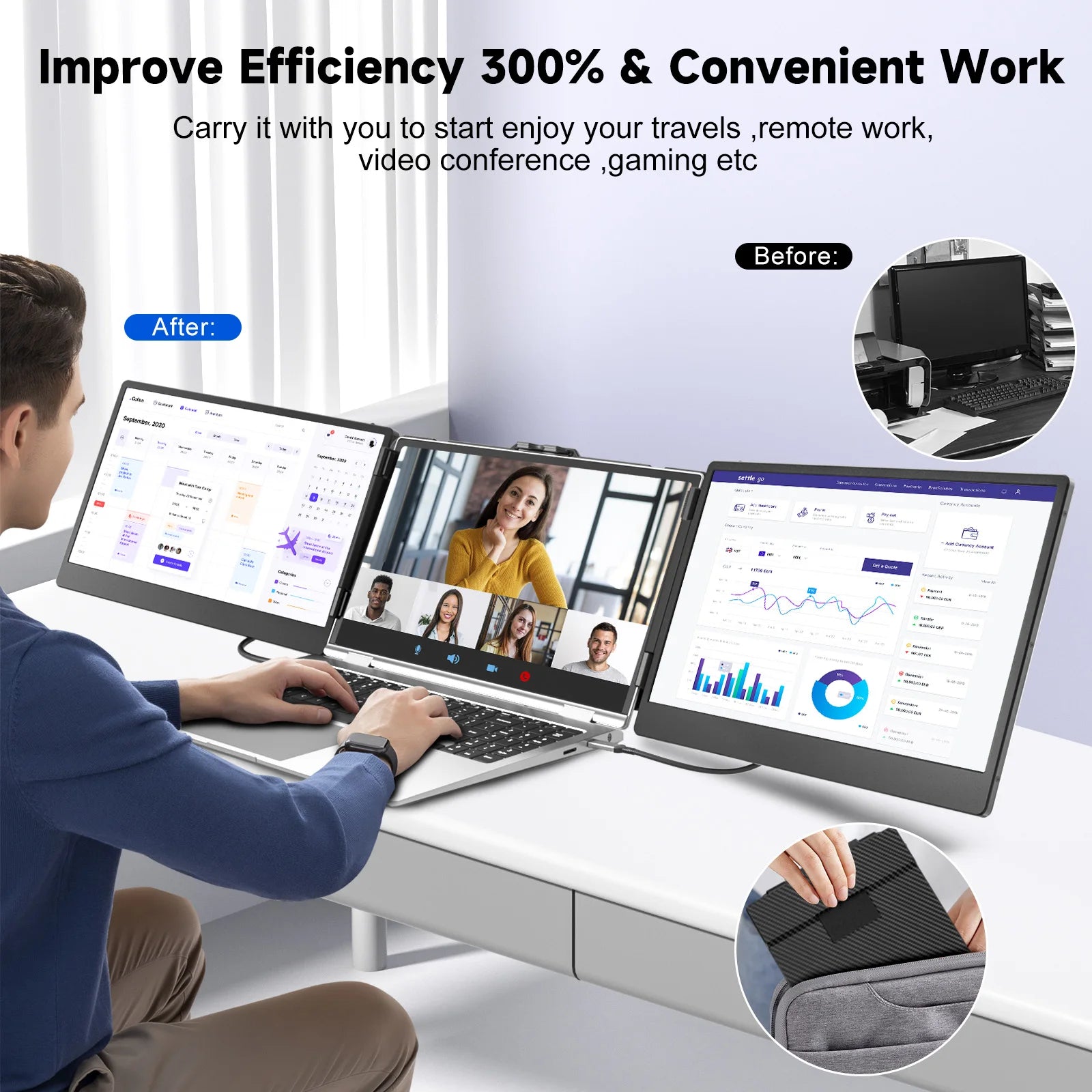 Écran Portable Triple pour Laptop 14" FHD 1080p - Extension Écran USB-C