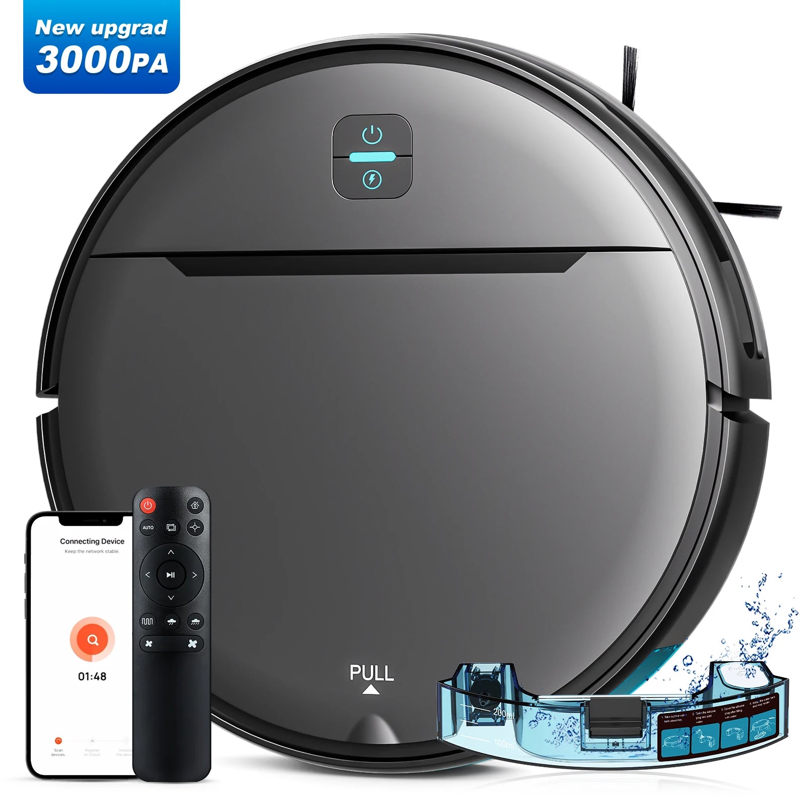 Aspirateur Robot avec Fonction Lavage – 3000Pa, Navigation Gyroscope, Contrôle par Application