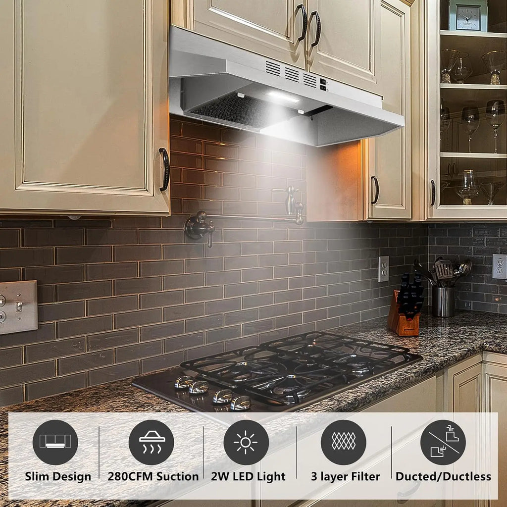 Hotte de Cuisine Sous Meuble 30 Pouces – 280 CFM, Acier Inoxydable 430, Filtre Aluminium + Charbon Actif