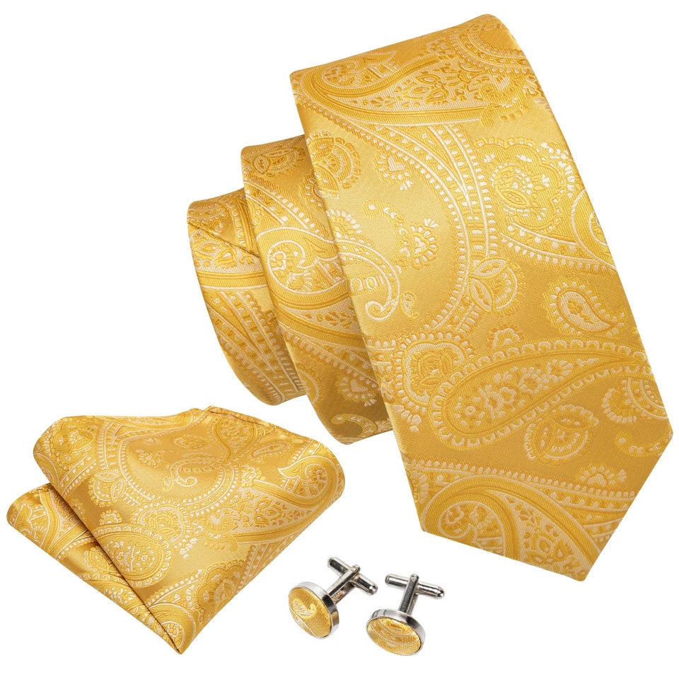 Set Cravate Jaune + Pochette + Boutons de Manchette Motif Paisley