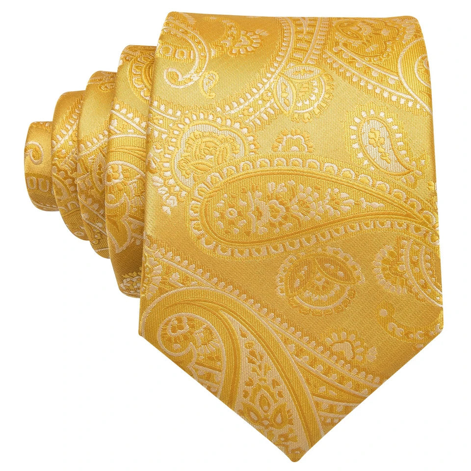Set Cravate Jaune + Pochette + Boutons de Manchette Motif Paisley