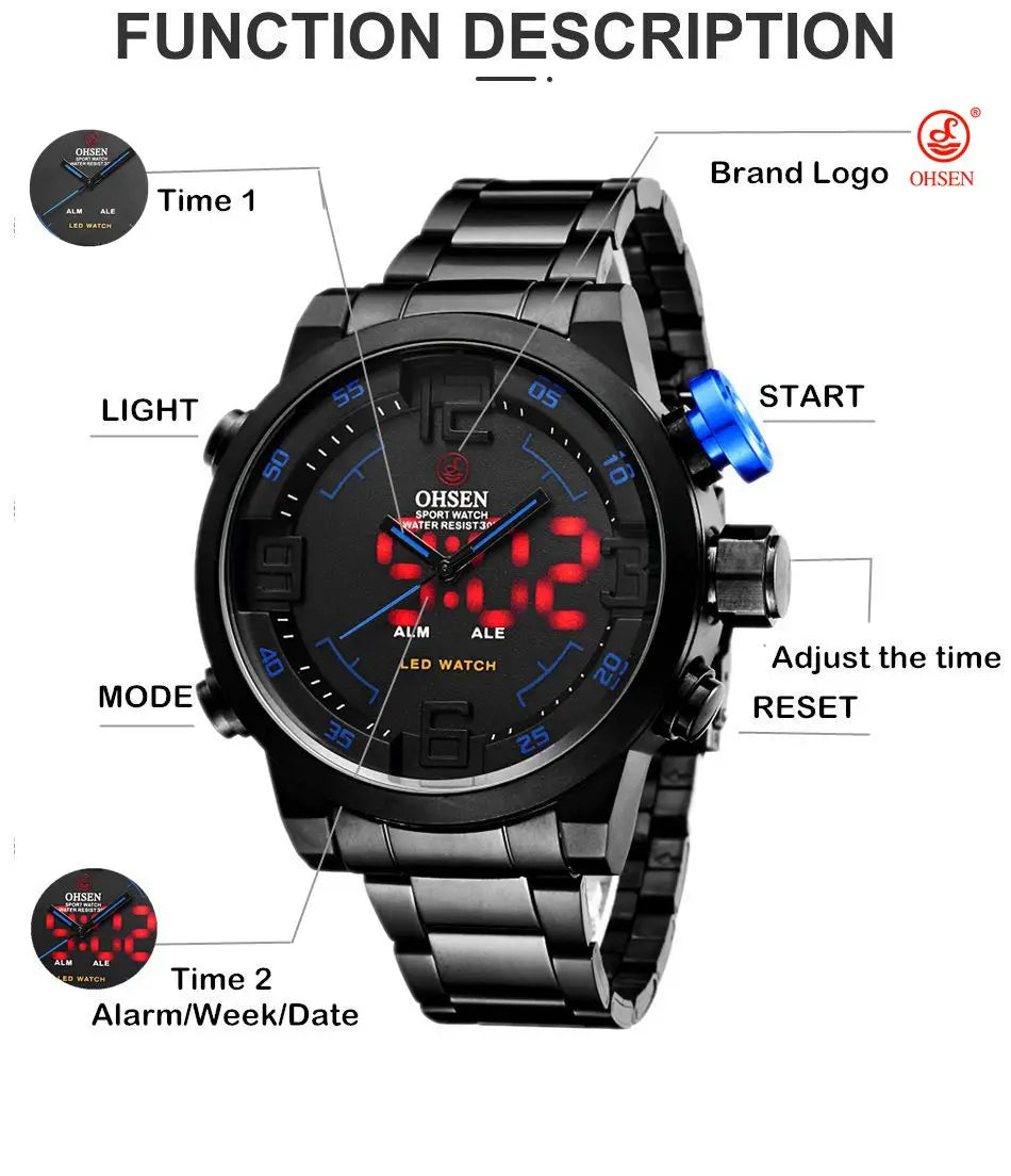 Montre Sport Homme Digitale LED Quartz - Double Heure et Étanche 3 ATM