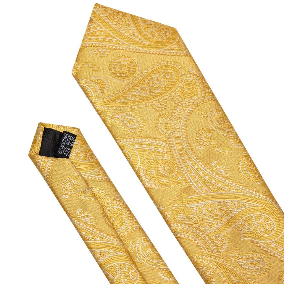 Set Cravate Jaune + Pochette + Boutons de Manchette Motif Paisley