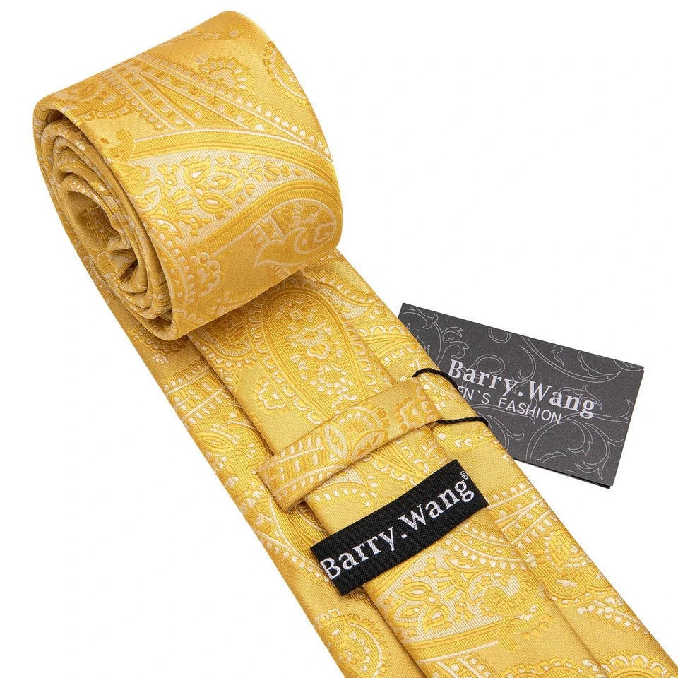 Set Cravate Jaune + Pochette + Boutons de Manchette Motif Paisley