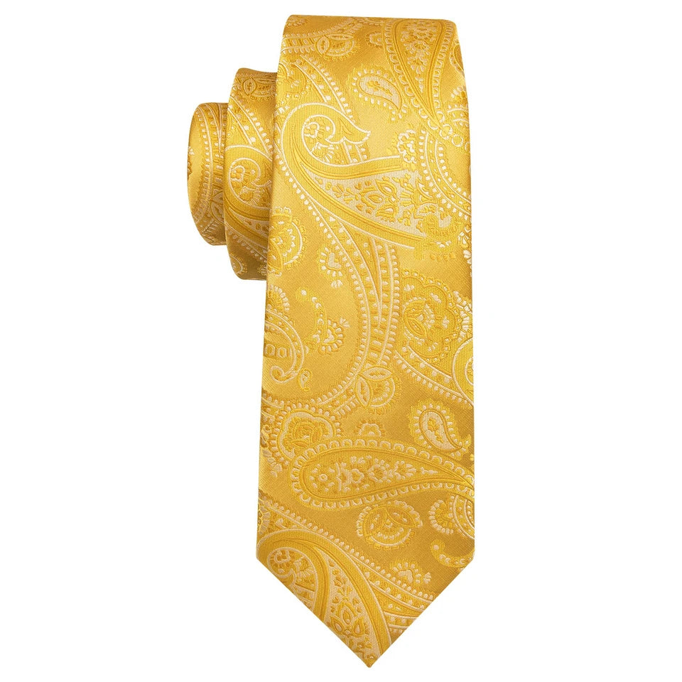 Set Cravate Jaune + Pochette + Boutons de Manchette Motif Paisley
