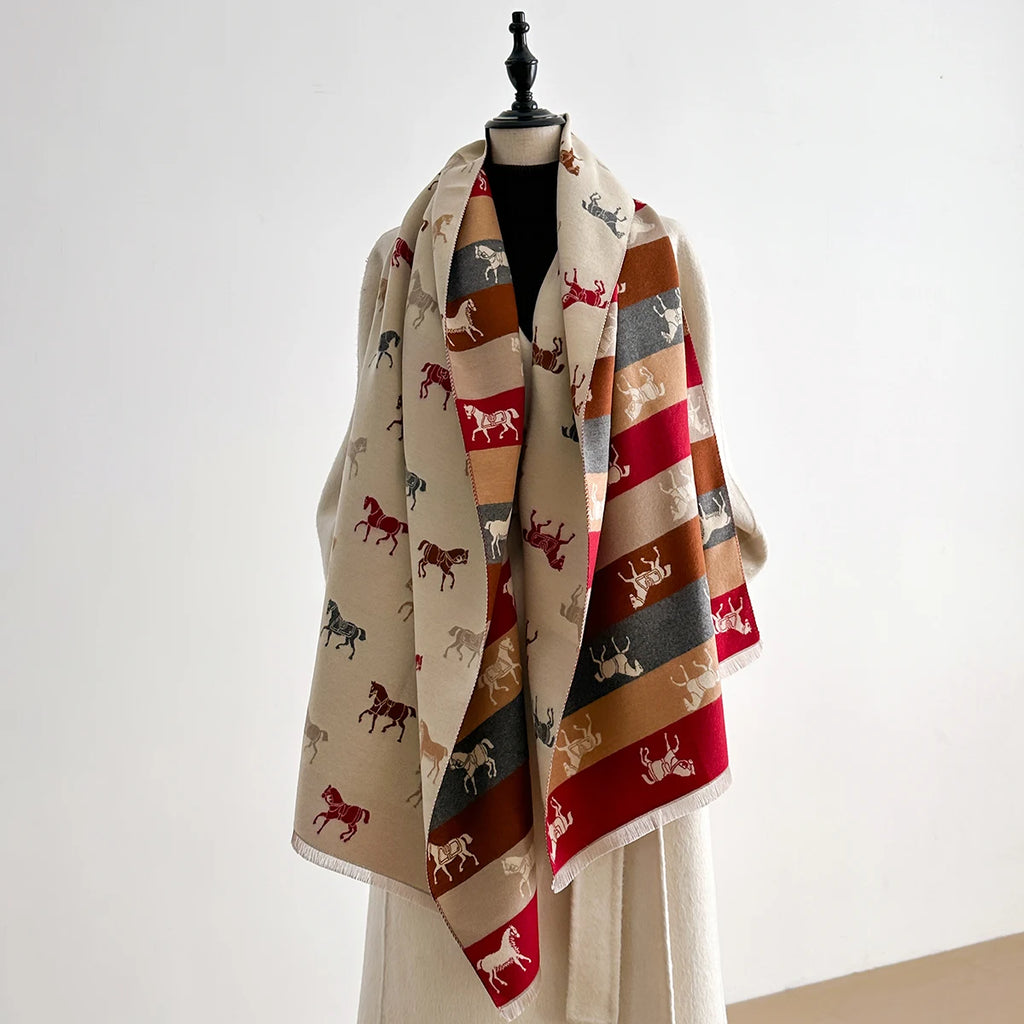 Châle Écharpe Jacquard Cheval Hiver - Motif Traditionnel Coloré