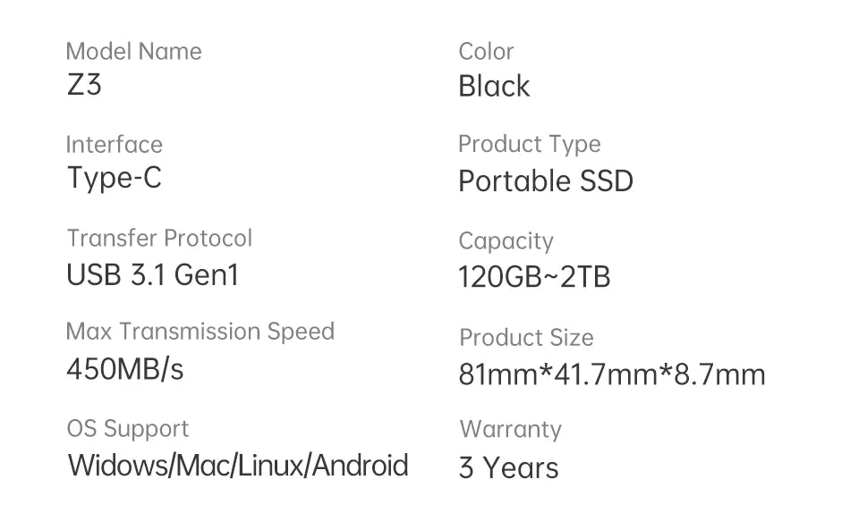 SSD Externe Portable KingSpec 120 Go à 1 To USB 3.1 Type-C