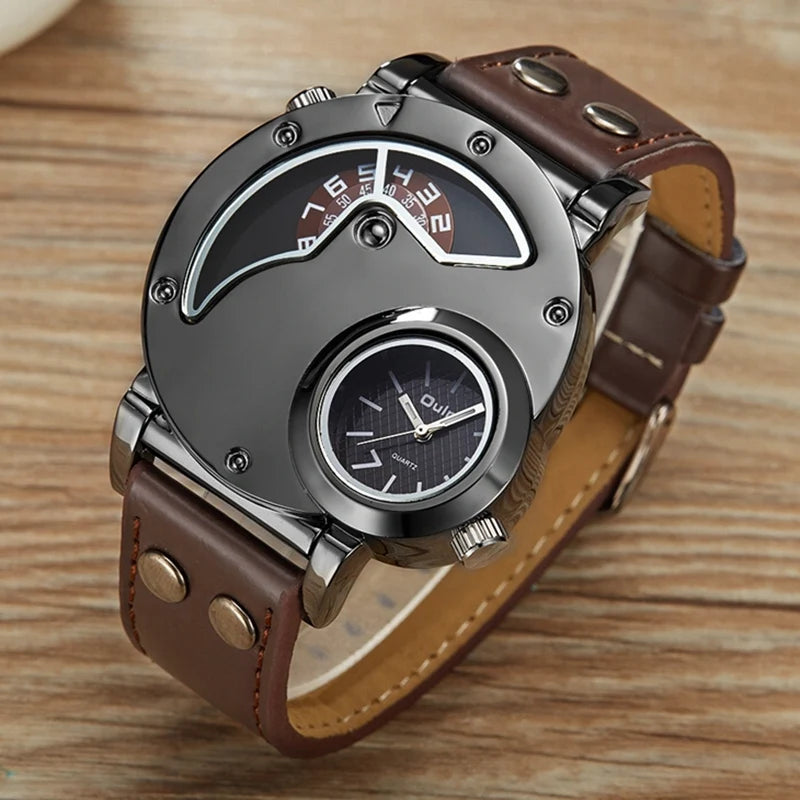 Montre Homme Oulm Designer Luxe - Double Temps Quartz Cuir