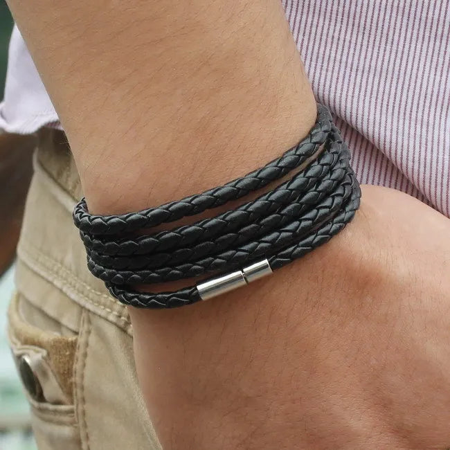 Bracelet Cuir Noir Rétro - Multi Tours Style Biker