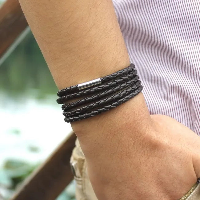 Bracelet Cuir Noir Rétro - Multi Tours Style Biker