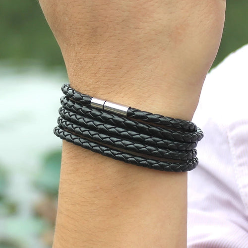 Bracelet Cuir Noir Rétro - Multi Tours Style Biker
