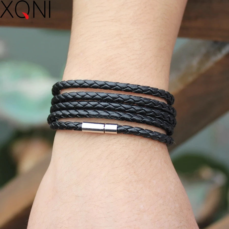 Bracelet Cuir Noir Rétro - Multi Tours Style Biker