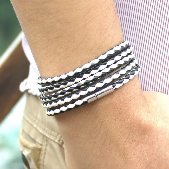 Bracelet Cuir Noir Rétro - Multi Tours Style Biker