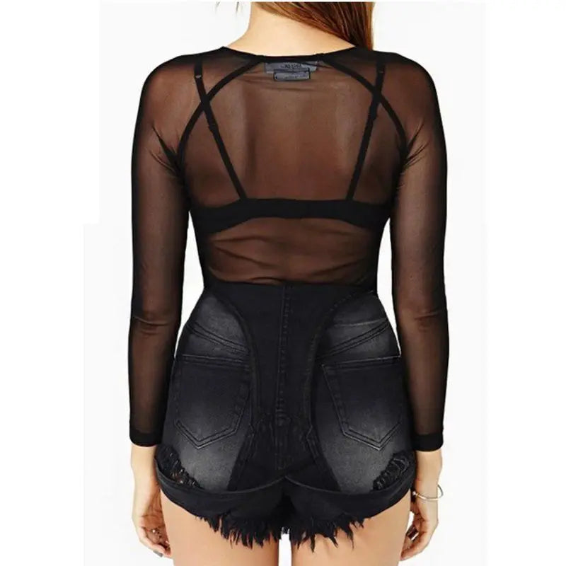 T-shirt Femme Manches Longues Noir Mesh Sexy - Transparent et Tendance