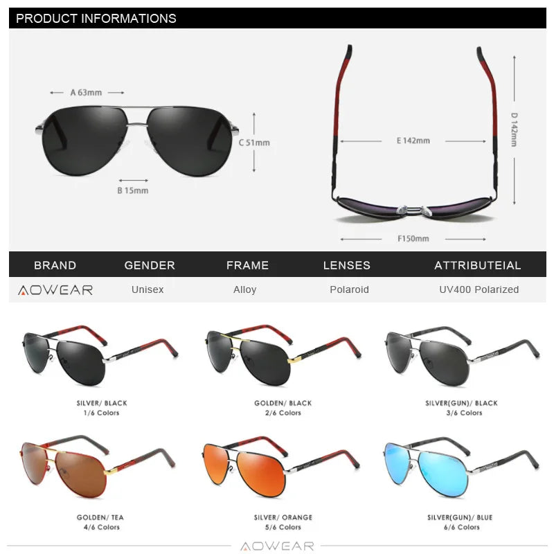 Lunettes de Soleil Aviateur Polarisées Aowear - Aluminium Homme Conduite