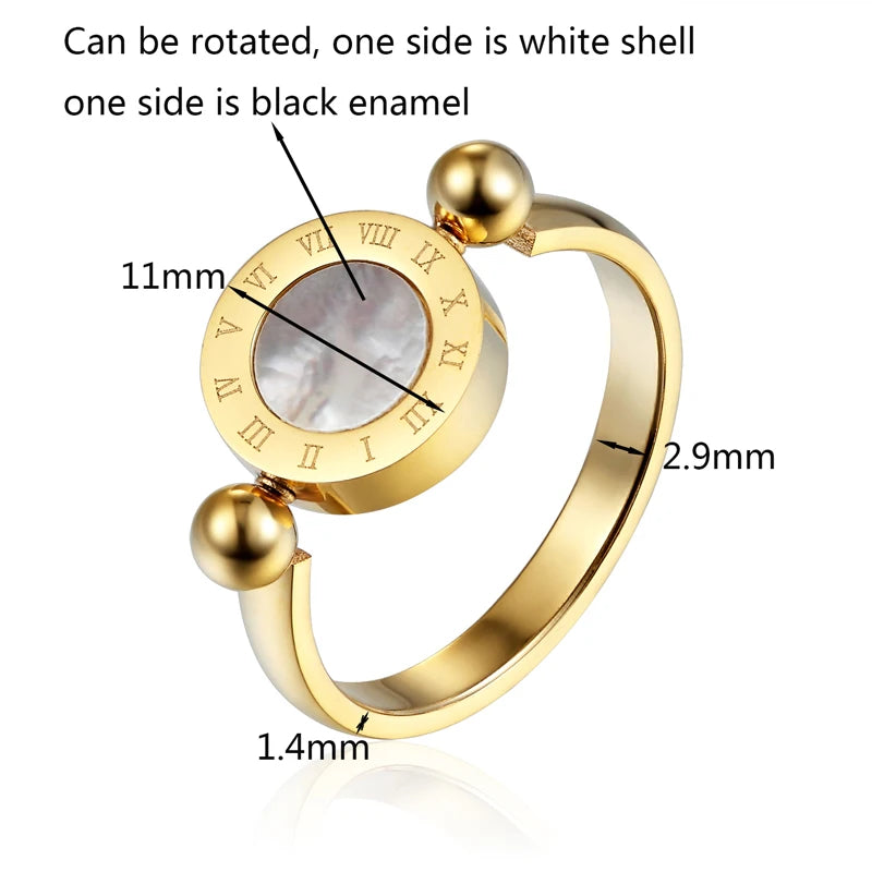 Bague Émail et Coquillage Tournante - Design Classique Femme avec Numéros Romains