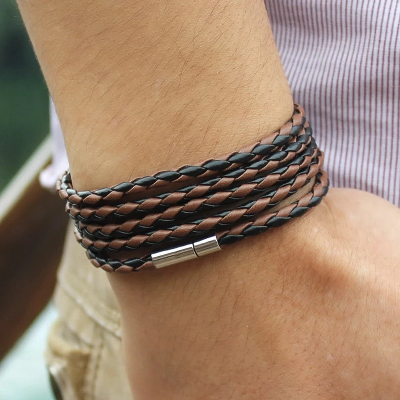 Bracelet Cuir Noir Rétro - Multi Tours Style Biker