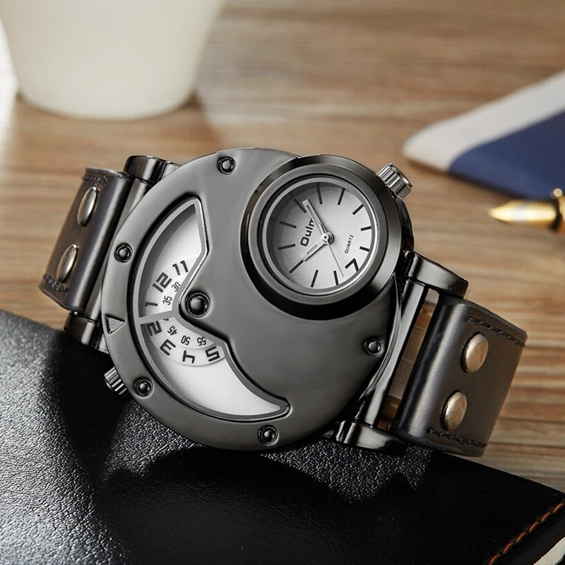 Montre Homme Oulm Designer Luxe - Double Temps Quartz Cuir