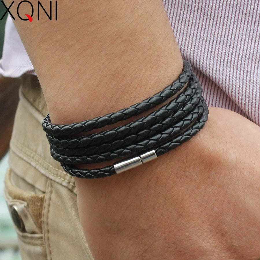 Bracelet Cuir Noir Rétro - Multi Tours Style Biker