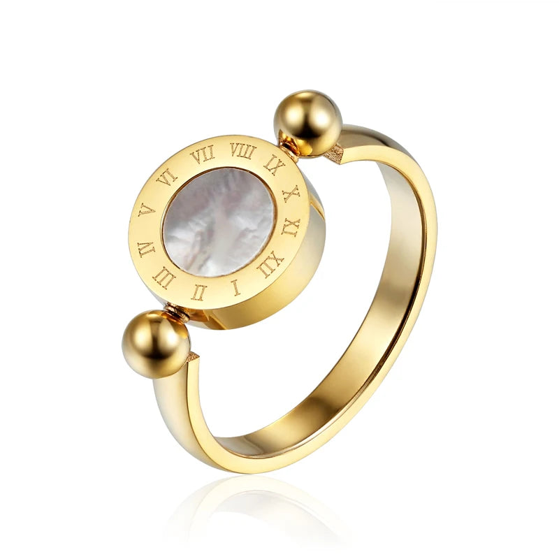 Bague Émail et Coquillage Tournante - Design Classique Femme avec Numéros Romains