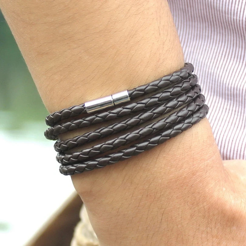 Bracelet Cuir Noir Rétro - Multi Tours Style Biker