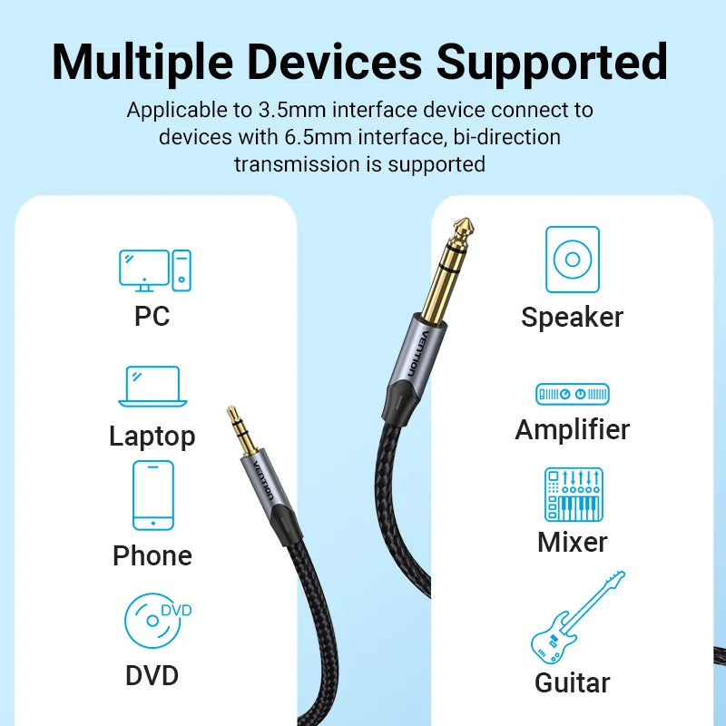 Adaptateur Jack 3.5 mm vers 6.35 mm Vention - Plaqué Or pour Mixeur/Ampli