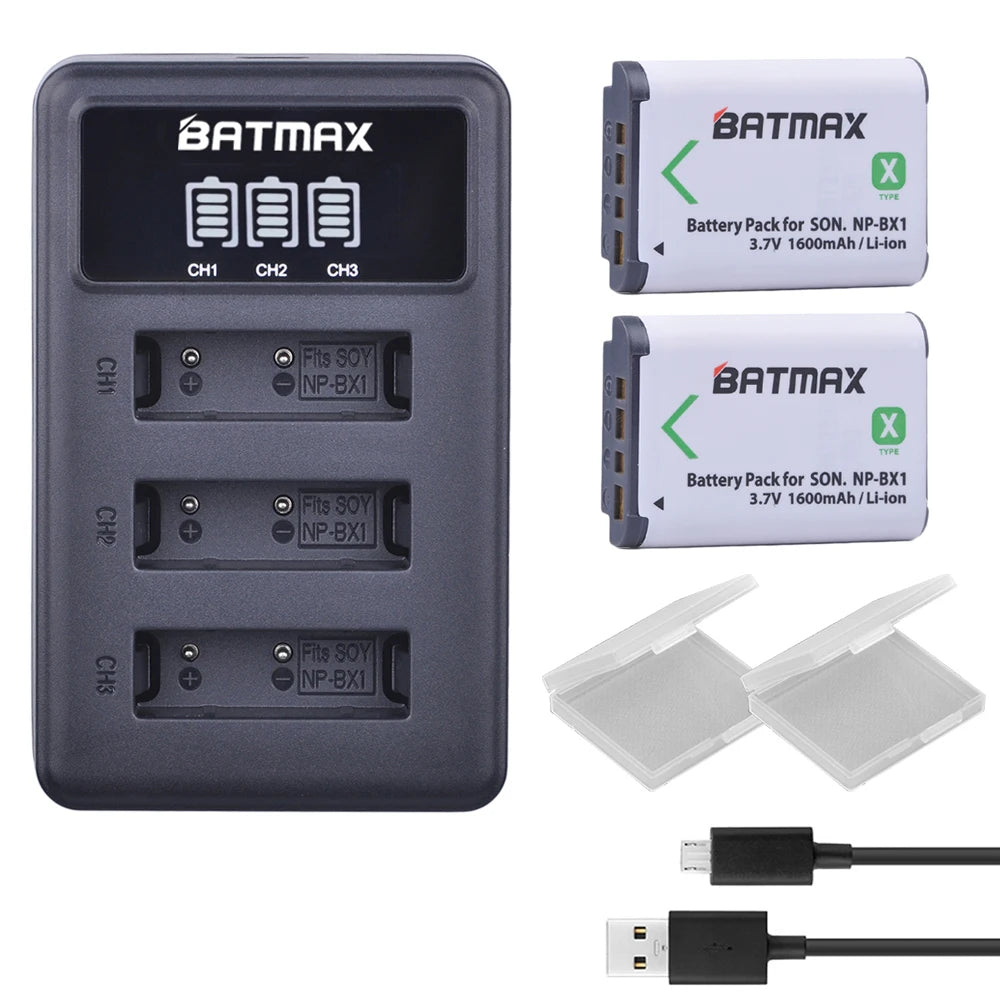 Batterie NP-BX1 + Chargeur 3 Slots LCD pour Sony RX100, WX500, HX300
