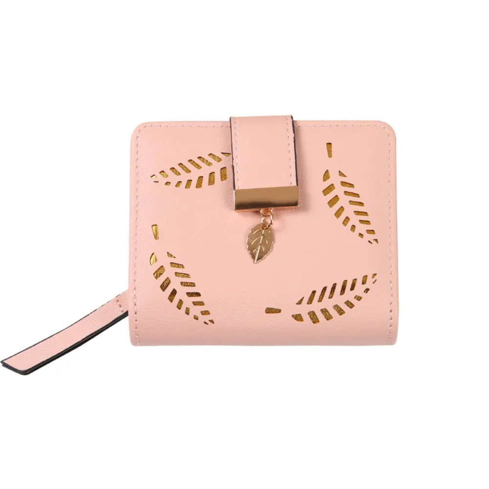Portefeuille Femme Cuir Court avec Fermeture Éclair - Design Feuille Creuse