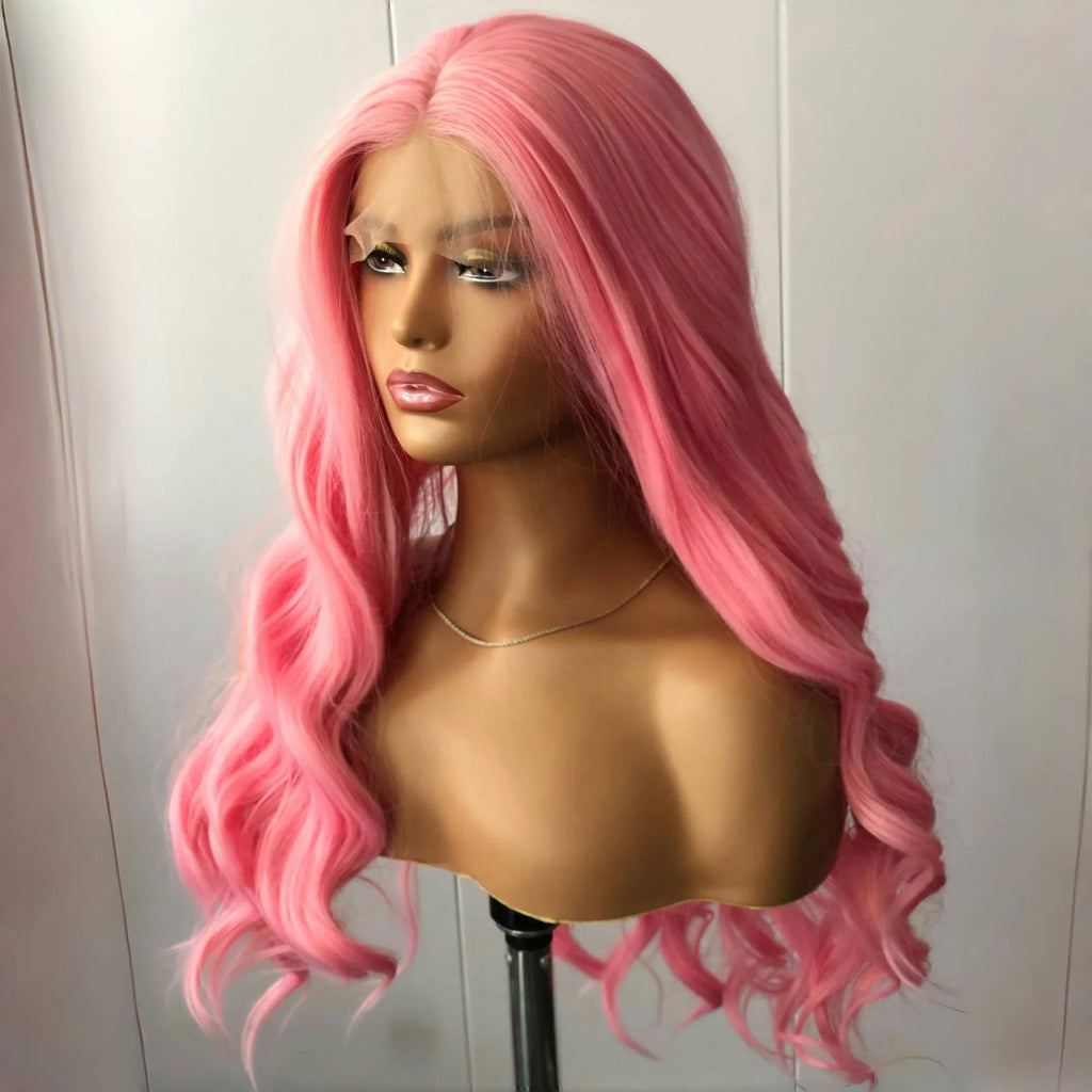 Perruque Rose Longue Bouclée Vague - Lace Front Synthétique Lâche