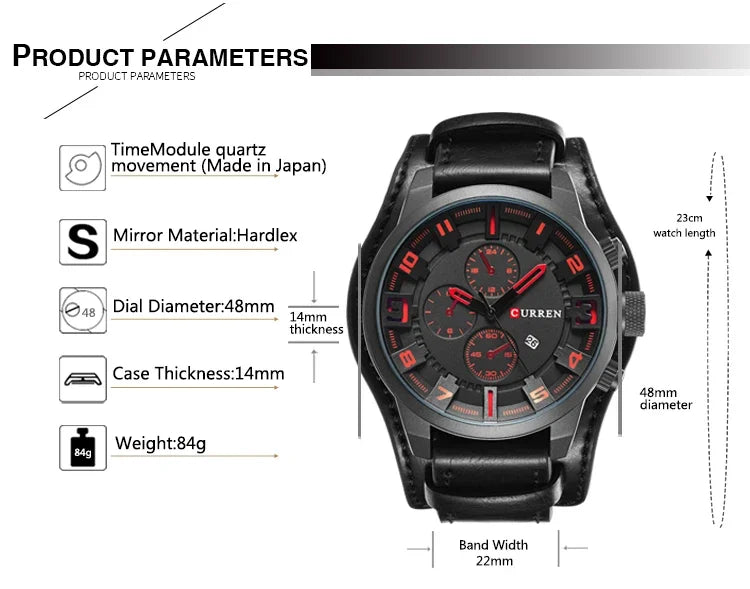 Montre Homme Curren Luxe - Sport Militaire avec Date