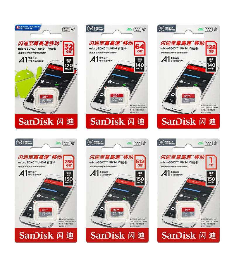 Carte MicroSD SanDisk Originale 32 Go à 1 To - Jusqu'à 150 Mo/s A1 C10