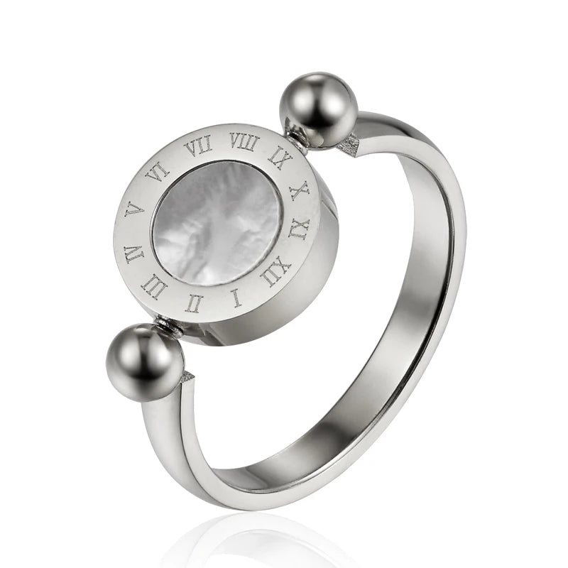 Bague Émail et Coquillage Tournante - Design Classique Femme avec Numéros Romains