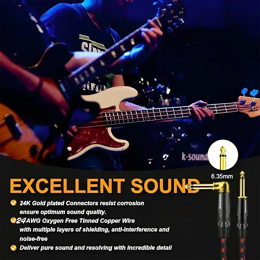 Câble Jack 6.35 mm Mono Plaqué Or - Instrument Guitare Mâle/Mâle Tressé Coton