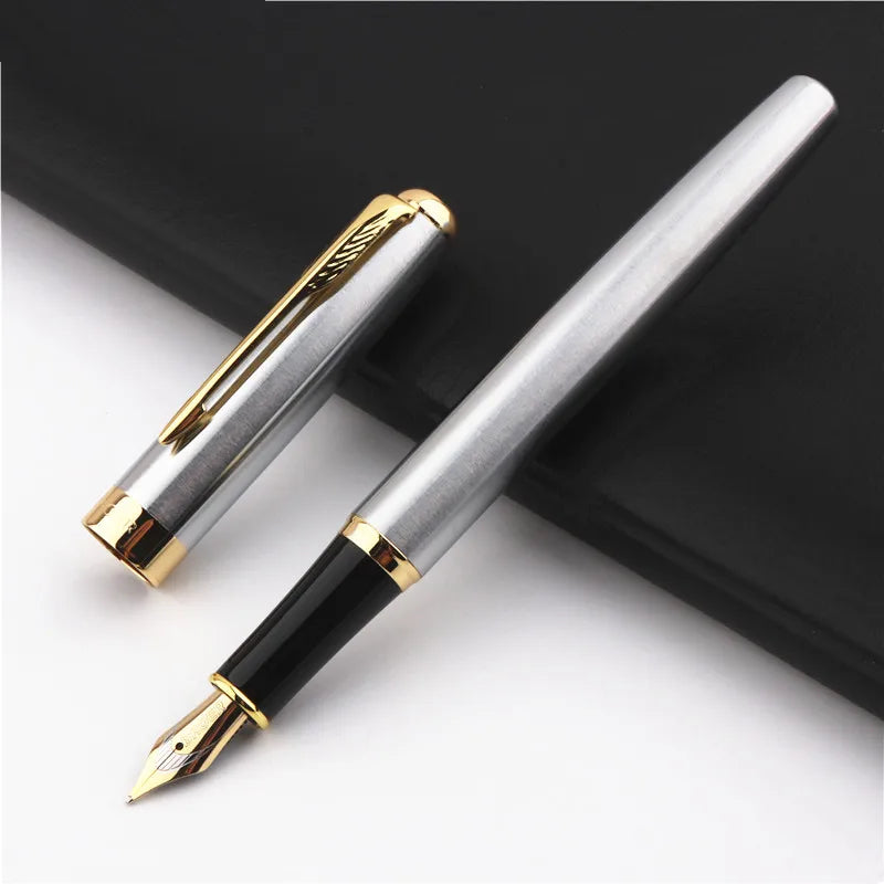 Stylo Plume Baoer 388 Inox Classique - Pointe Moyenne, Finition Argent/Doré