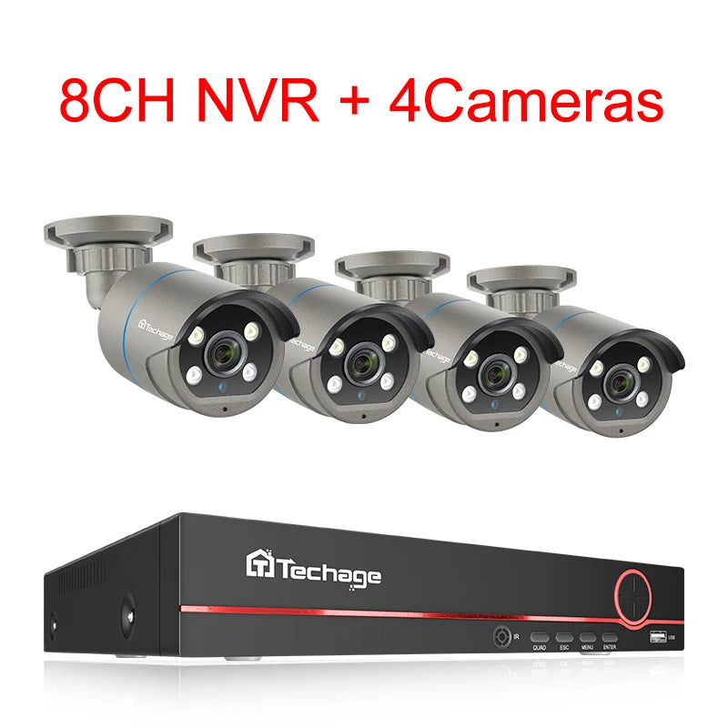 Kit Caméras Surveillance Techage 8CH 4MP PoE H.265 avec Détection Visage