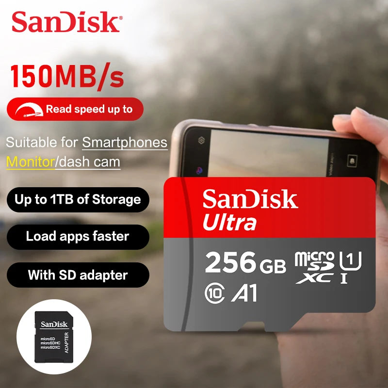 Carte MicroSD SanDisk Originale 32 Go à 1 To - Jusqu'à 150 Mo/s A1 C10