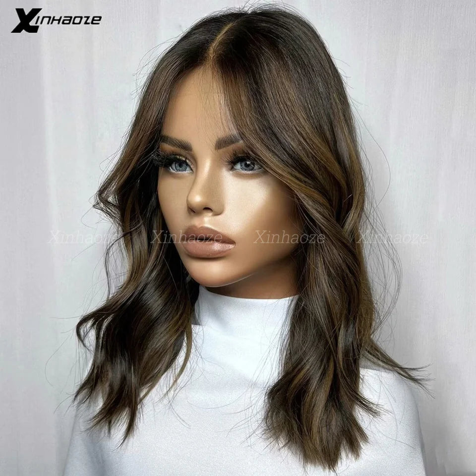 Perruque Bob Court Châtain avec Mèches - Lace Front 13x4/13x6 Cheveux Humains