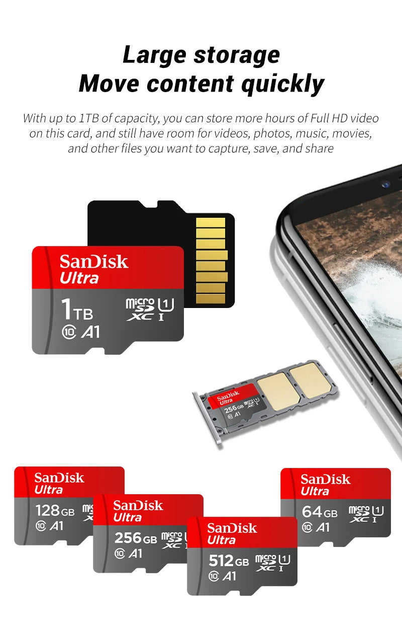 Carte MicroSD SanDisk Originale 32 Go à 1 To - Jusqu'à 150 Mo/s A1 C10