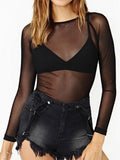 T-shirt Femme Manches Longues Noir Mesh Sexy - Transparent et Tendance