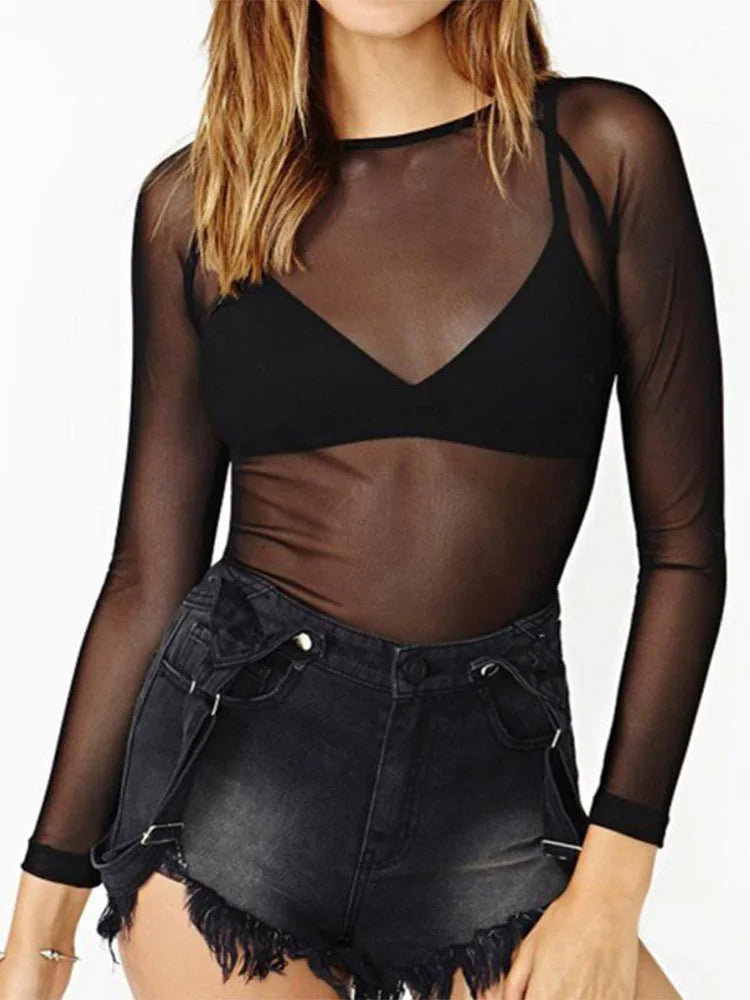 T-shirt Femme Manches Longues Noir Mesh Sexy - Transparent et Tendance