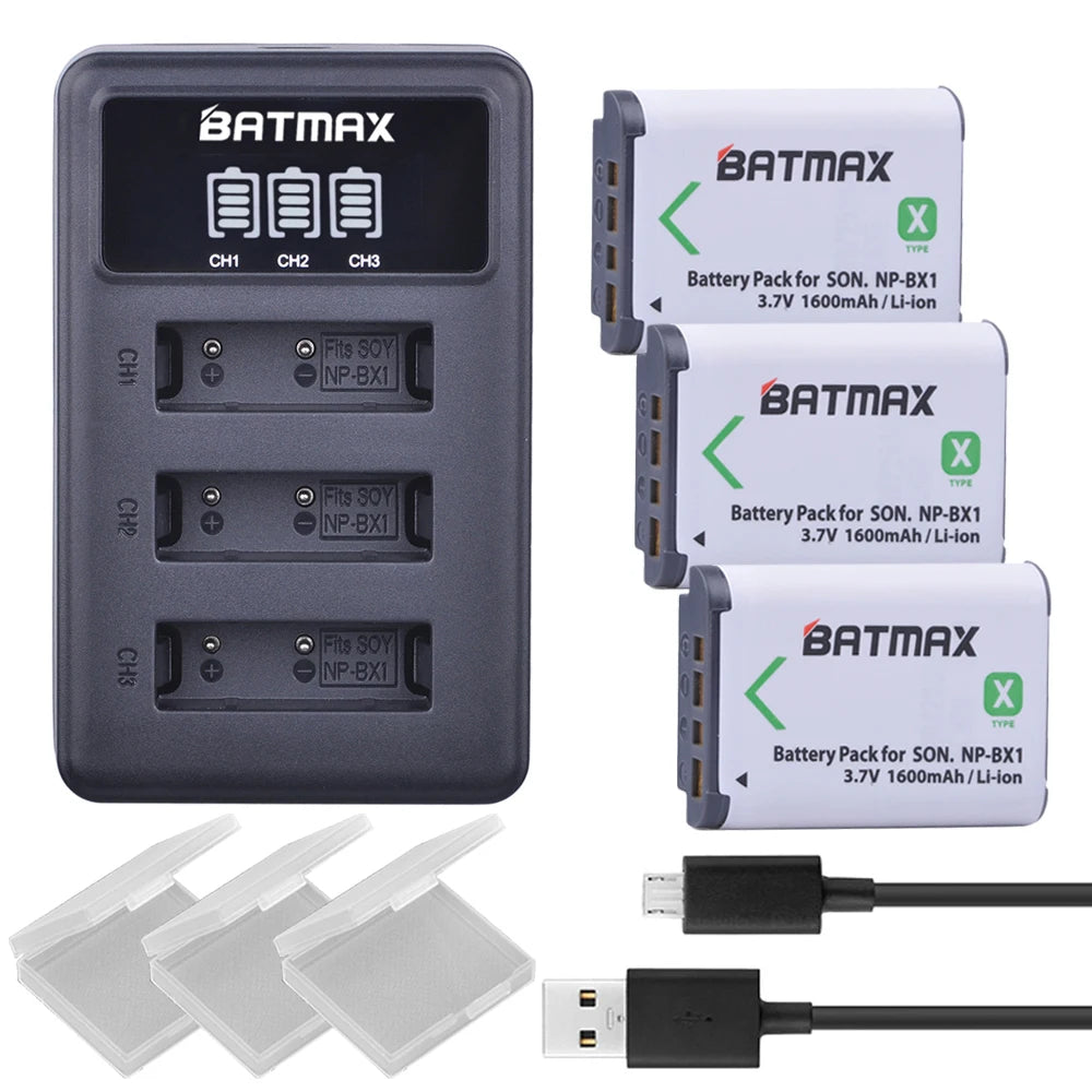 Batterie NP-BX1 + Chargeur 3 Slots LCD pour Sony RX100, WX500, HX300