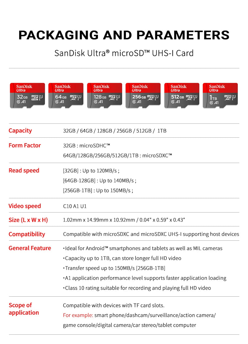 Carte MicroSD SanDisk Originale 32 Go à 1 To - Jusqu'à 150 Mo/s A1 C10