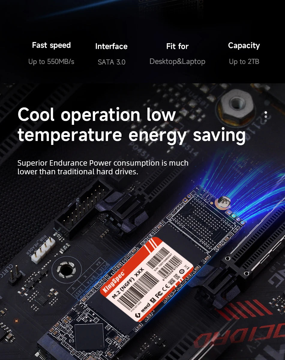 SSD M.2 SATA 2280 KingSpec 128 Go à 2 To - 550 Mo/s