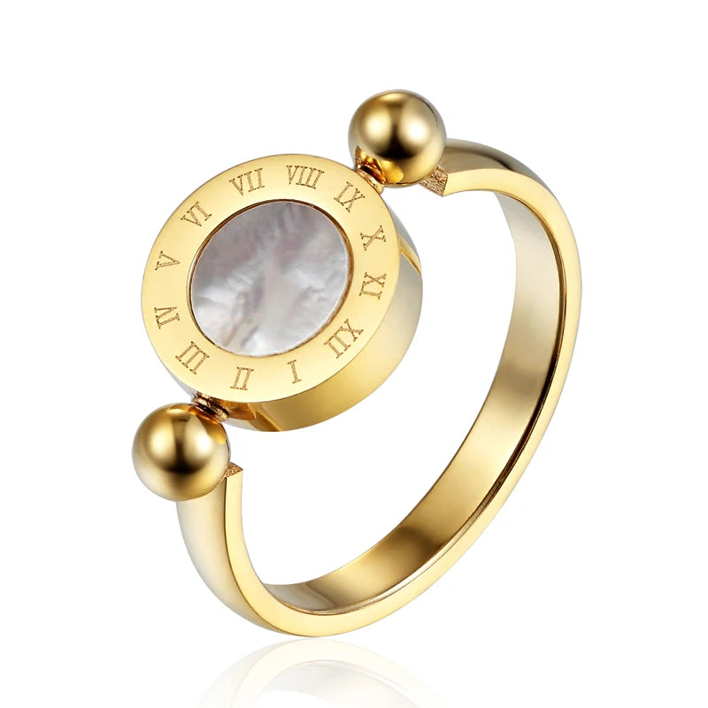 Bague Émail et Coquillage Tournante - Design Classique Femme avec Numéros Romains