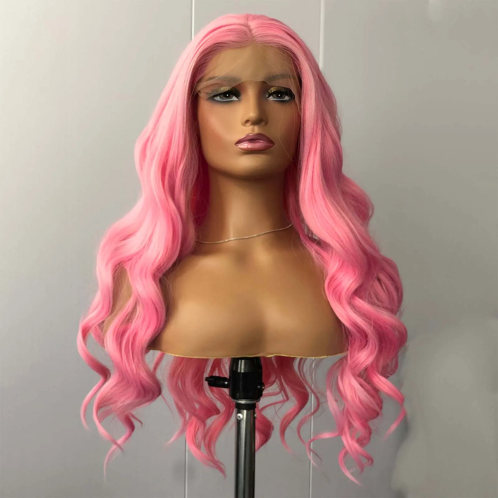 Perruque Rose Longue Bouclée Vague - Lace Front Synthétique Lâche