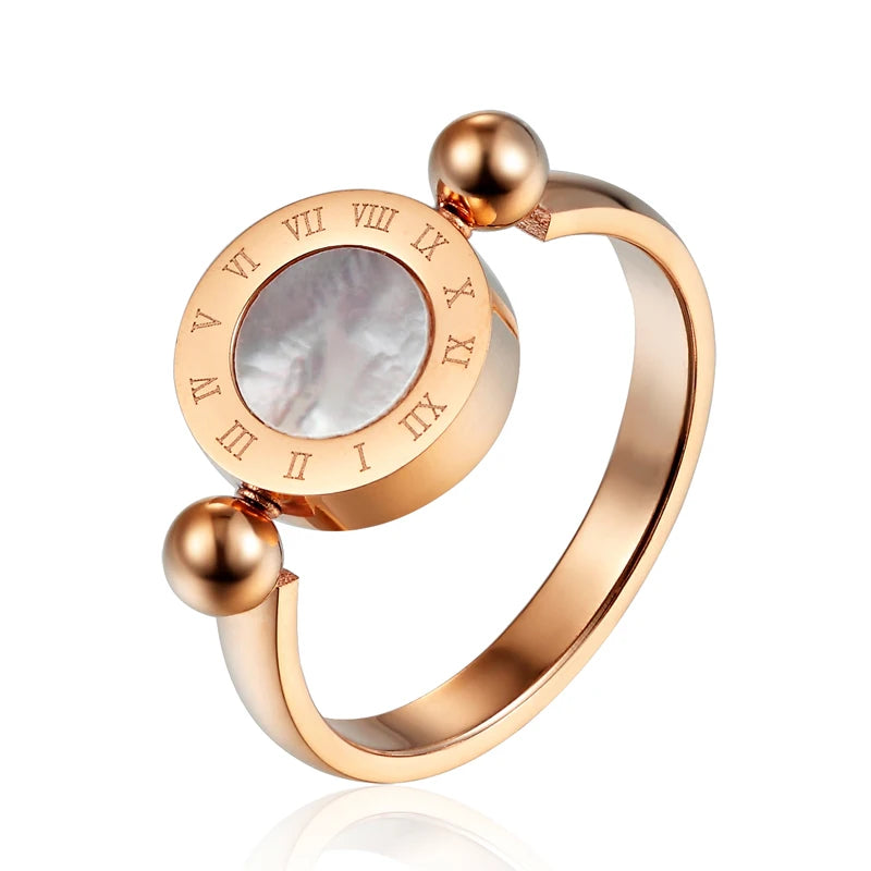 Bague Émail et Coquillage Tournante - Design Classique Femme avec Numéros Romains