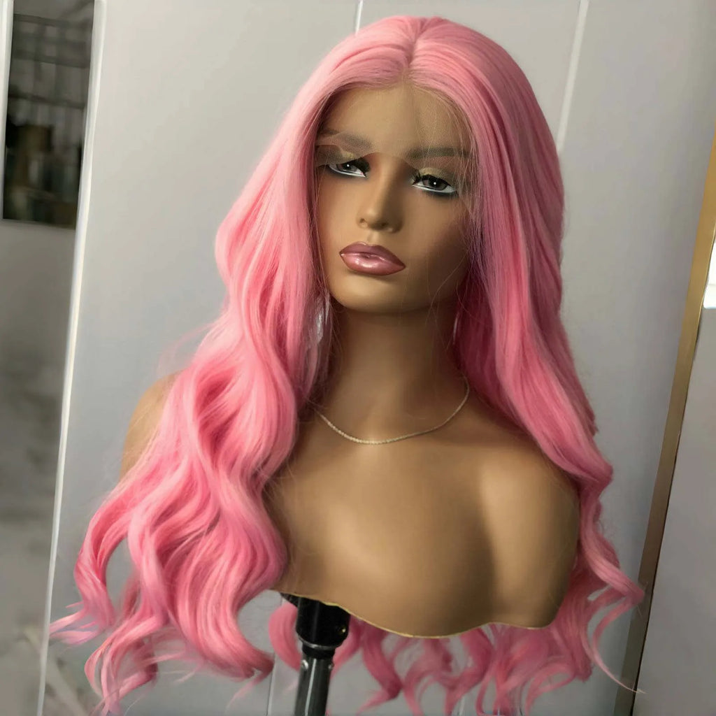 Perruque Rose Longue Bouclée Vague - Lace Front Synthétique Lâche
